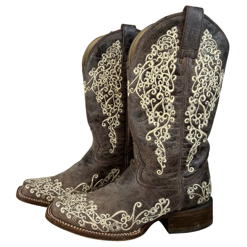 Women's Corral Brown Crater Bone Embroidery Western Cowboy Boots Square Toe 6.5